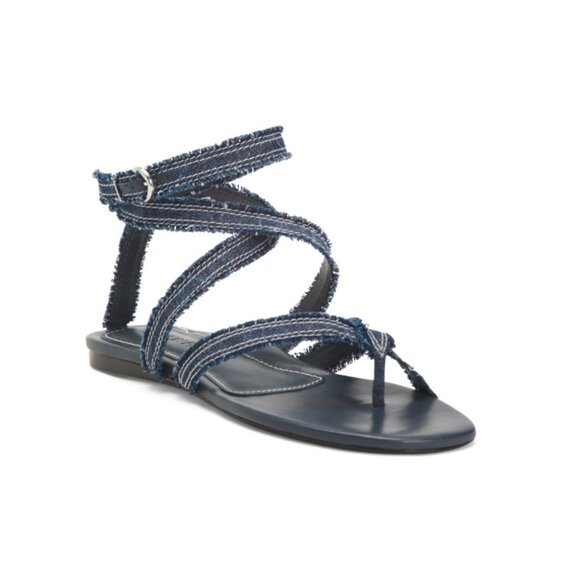 MARION PARKE Denim Made In Brazil Leather Geri Flat Sandals - Picture 1 of 2